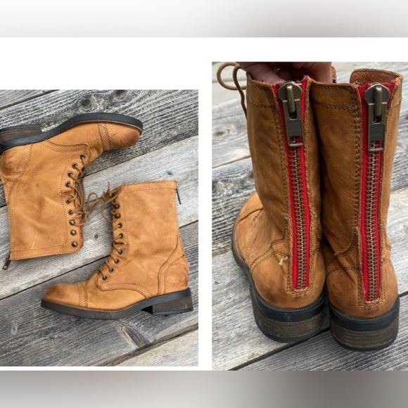 Steve Madden Munch-C Tan Leather Red Zip Combat Boots Womens Size 9.5 M - Picture 1 of 8
